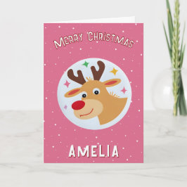 Tarjeta Cute Pink Reindeer Kid`s Name Merry Christmas