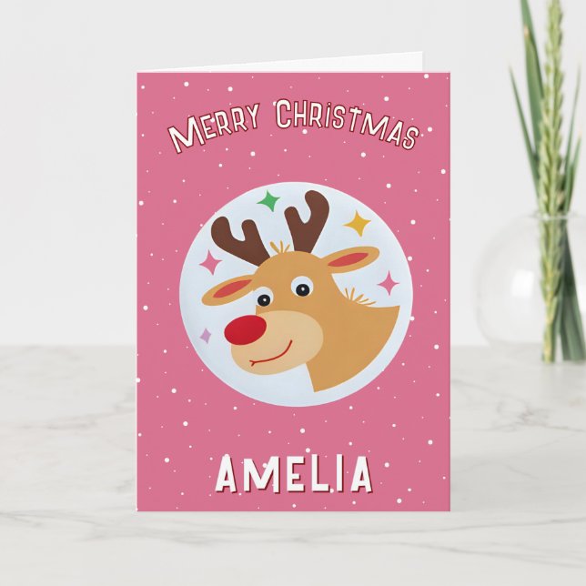 Tarjeta Cute Pink Reindeer Kid`s Name Merry Christmas (Anverso)