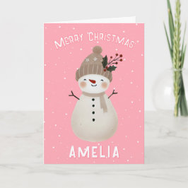 Tarjeta Cute Pink Snowman Kid`s Name Merry Christmas