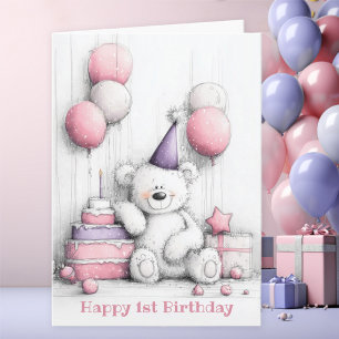 Tarjeta Cute Pink Teddy Bear Primer Cumpleaños