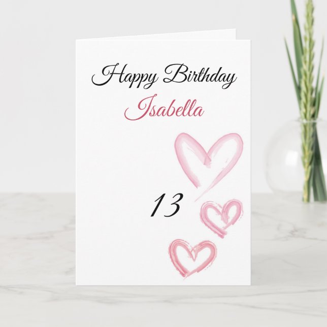 Tarjeta Cute Pink Three Paint Stroke Hearts 13 Cumpleaños (Anverso)