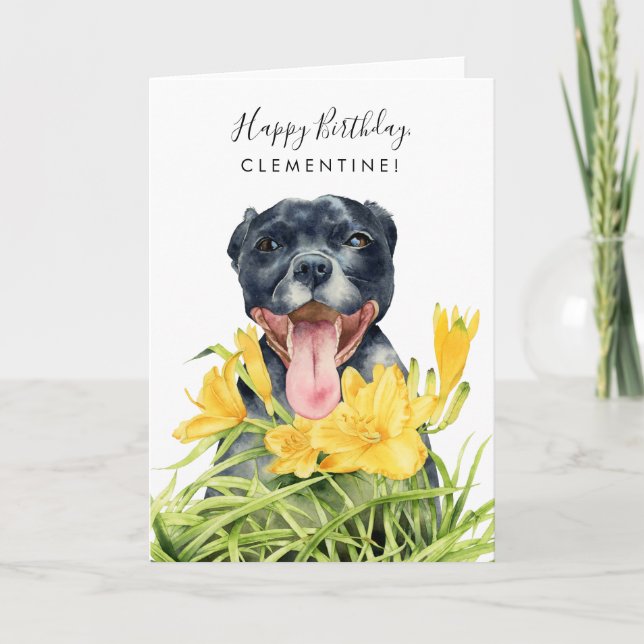 Tarjeta Cute Pitbull Perro Amarillo Floral Jardín Cumpleañ (Anverso)