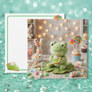 Tarjeta Cute Plushie Rana sosteniendo Key Lime Pie en blan