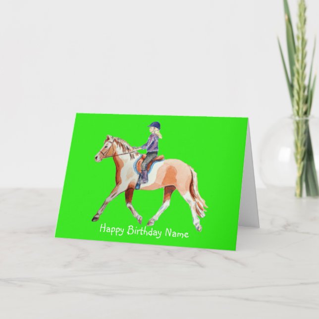 Tarjeta Cute Pony y Rider Trotting Green Birday (Anverso)