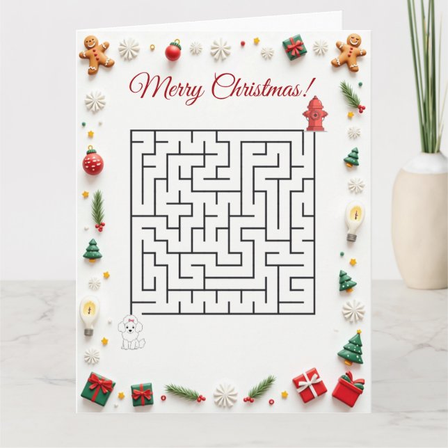 Tarjeta Cute Poodle Dog Christmas Maze Puzzle Holiday (Anverso)