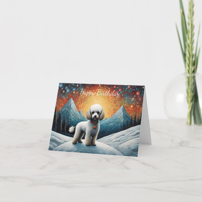 Tarjeta Cute Poodle Snowowy Mountain Feliz cumpleaños (Anverso)