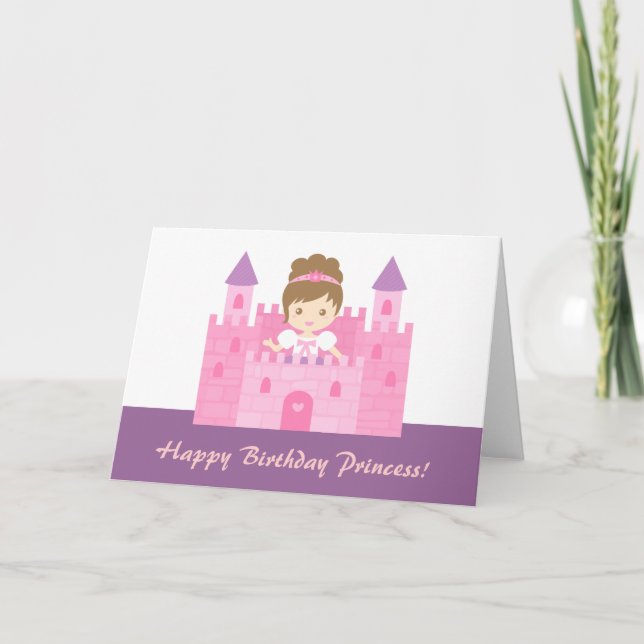 Tarjeta Cute Princesa en Castillo Chica Feliz Cumpleaños (Anverso)