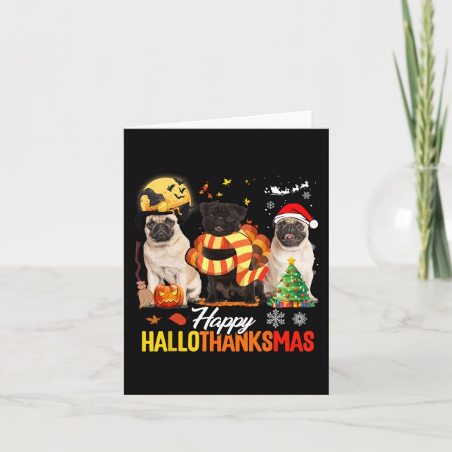 Tarjeta Cute Pug Happy Hallothanksmas Halloween Thanksgivi (Anverso)