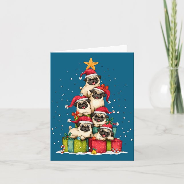 Tarjeta Cute Pug Le Dog Christmas Tree Xmas Hat Long Sleev (Anverso)
