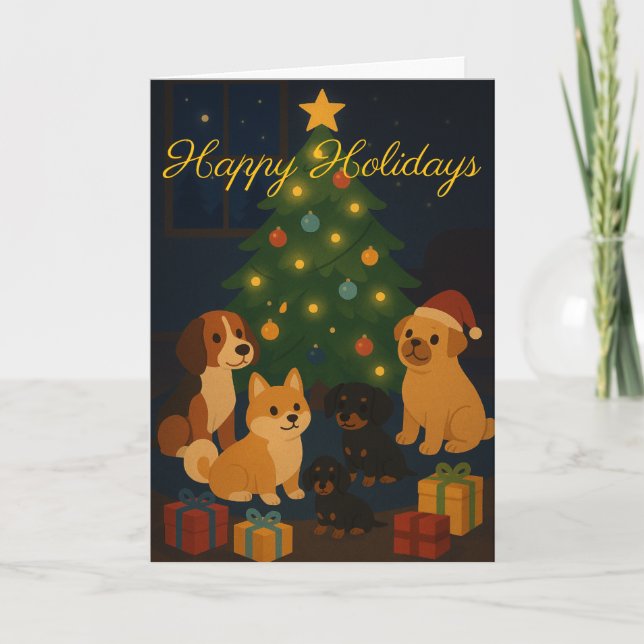 Tarjeta Cute Pups around the Tree Custom Christmas Card (Anverso)