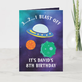 Tarjeta Cute Purple Blue Flying Saucer Galaxy 8º cumpleaño