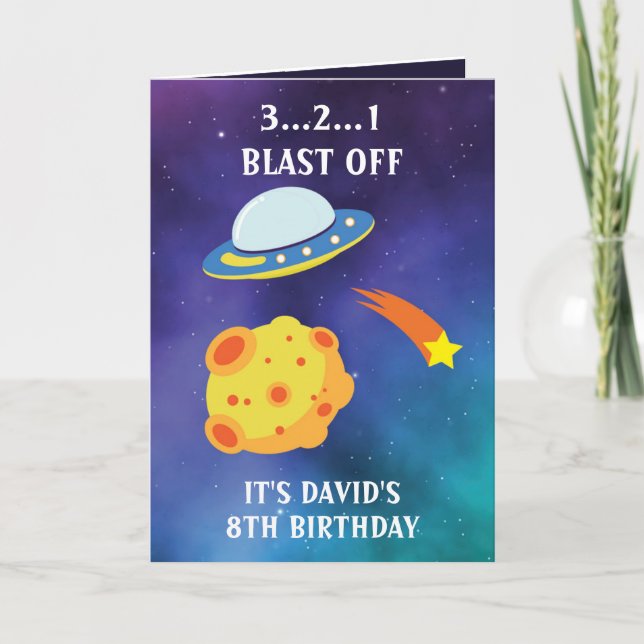 Tarjeta Cute Purple Blue Space Flying Saucer 8 cumpleaños (Anverso)