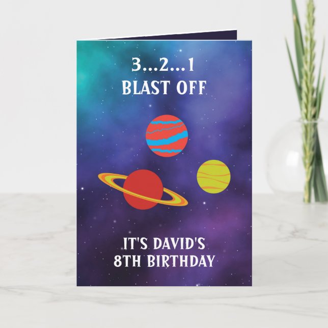Tarjeta Cute Purple Blue Space Planets 8 cumpleaños (Anverso)