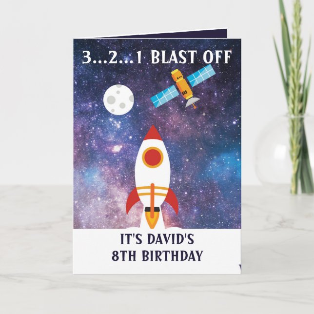 Tarjeta Cute Purple Blue Space Rocket Moon 8cumpleaños (Anverso)