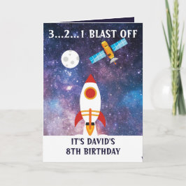 Tarjeta Cute Purple Blue Space Rocket Moon 8cumpleaños