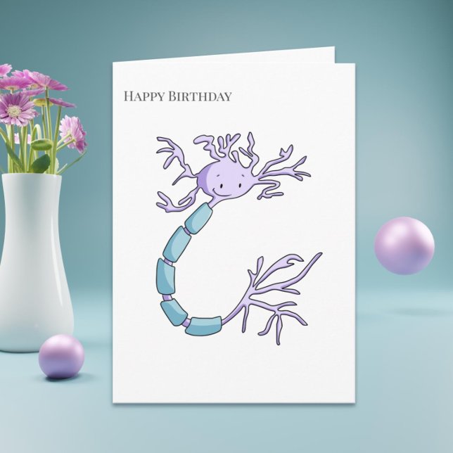 Tarjeta Cute Purple Neuron Myelin Sheath feliz cumpleaños (Cute happy birthday card with an illustration of a neuron, perfect for biologists and doctors)