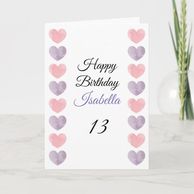 Tarjeta Cute Purple Paint Paint Heart Set 13 cumpleaños (Anverso)