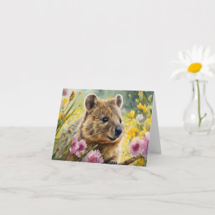 Tarjeta Cute Quokka Flores Ilustracion acuarela en blanco