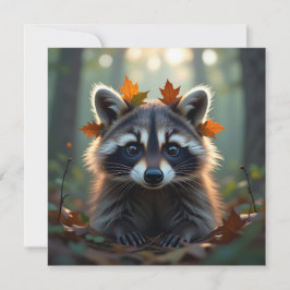 Tarjeta Cute Raccoon en hojas otoño