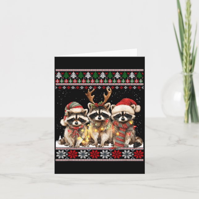 Tarjeta Cute Raccoon Santa Christmas Lights Ugly Xmas Swea (Anverso)