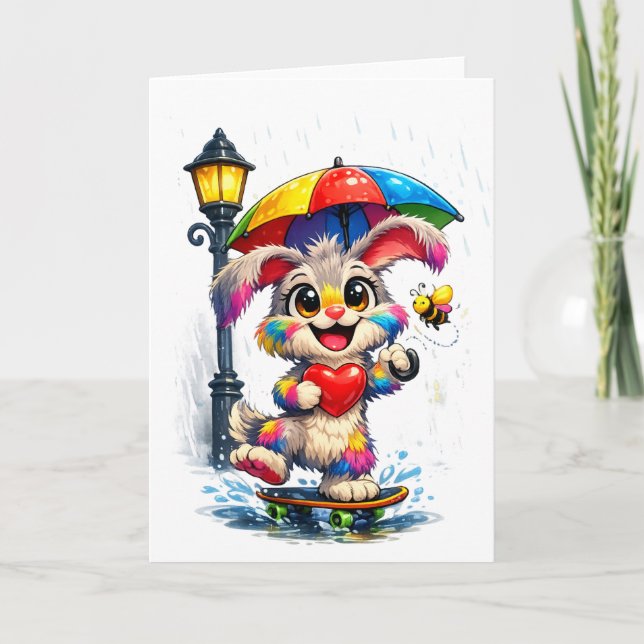 Tarjeta Cute Rainbow Bunny with Umbrella Design (Anverso)