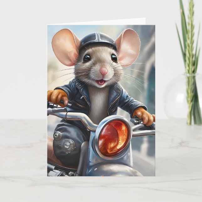 Tarjeta Cute ratón Casco Chaqueta Montar Motocicleta en bl (Anverso)
