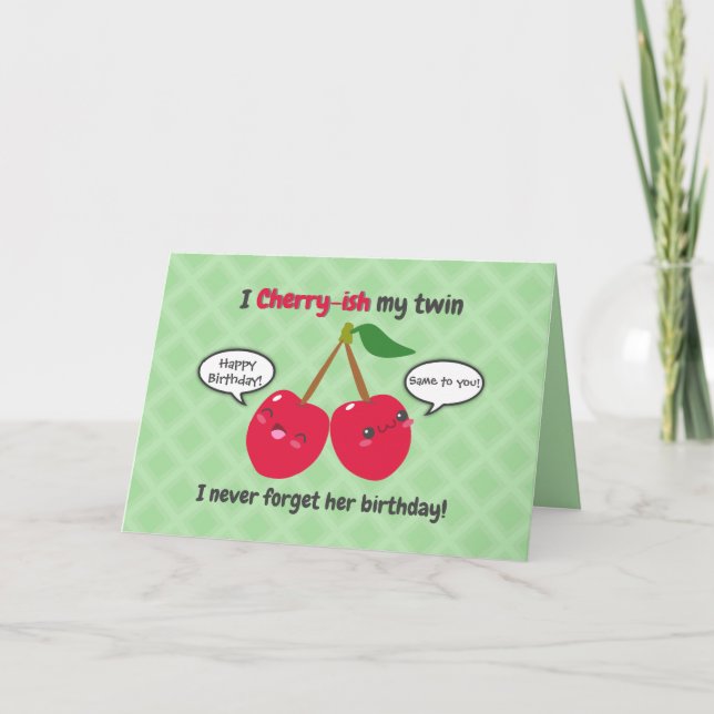 Tarjeta Cute Red Cherry Kawaii Gemelos Cumpleaños (Anverso)