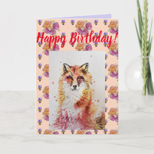 Tarjeta Cute Red Fox Flor Floral Happy Birday art Card