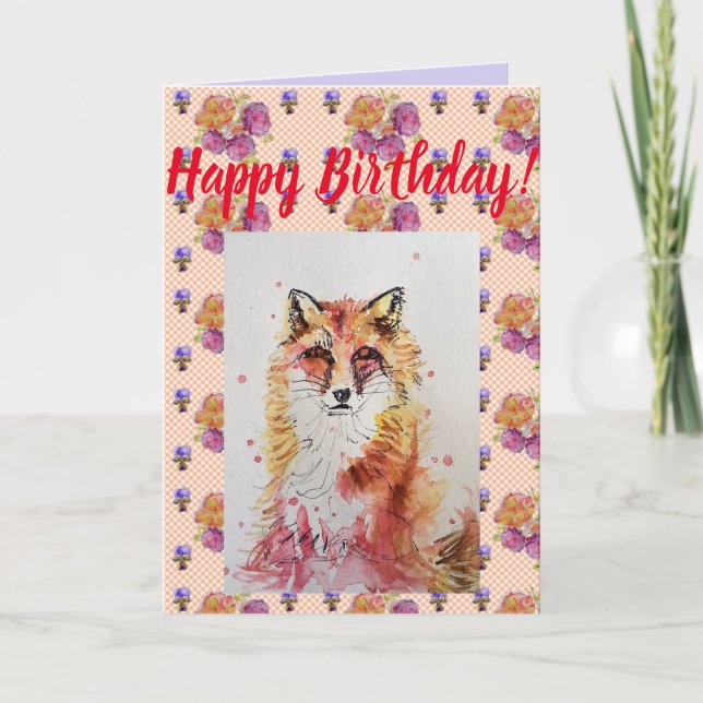 Tarjeta Cute Red Fox Flor Floral Happy Birday art Card (Anverso)