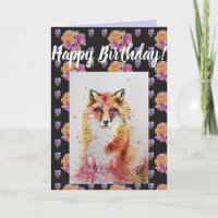 Cute Red Fox Flor Floral Happy Birday art Card
