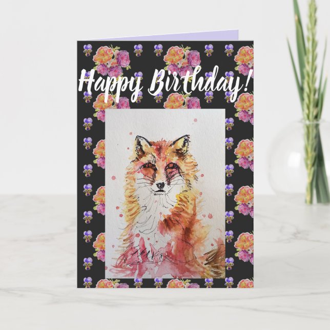 Tarjeta Cute Red Fox Flor Floral Happy Birday art Card (Anverso)