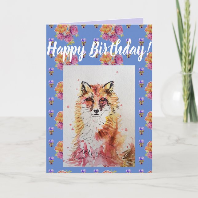 Tarjeta Cute Red Fox Flor Floral Happy Birday art Card (Anverso)