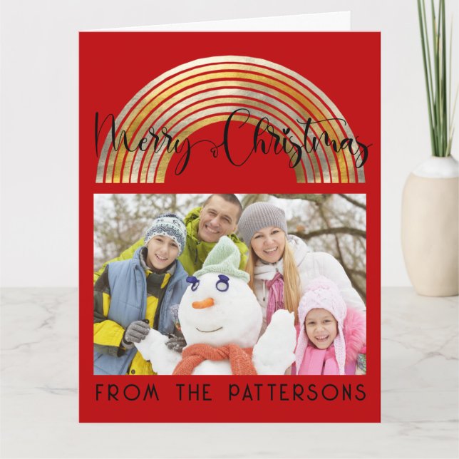 Tarjeta Cute Red Gold Rainbow Family Photo Merry Christmas (Anverso)
