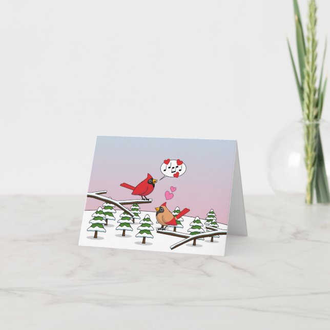 Tarjeta Cute Red Northern Cardinals aman el paisaje invern (Anverso)