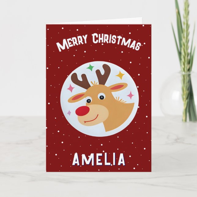 Tarjeta Cute Red Reindeer Kid`s Name Merry Christmas (Anverso)