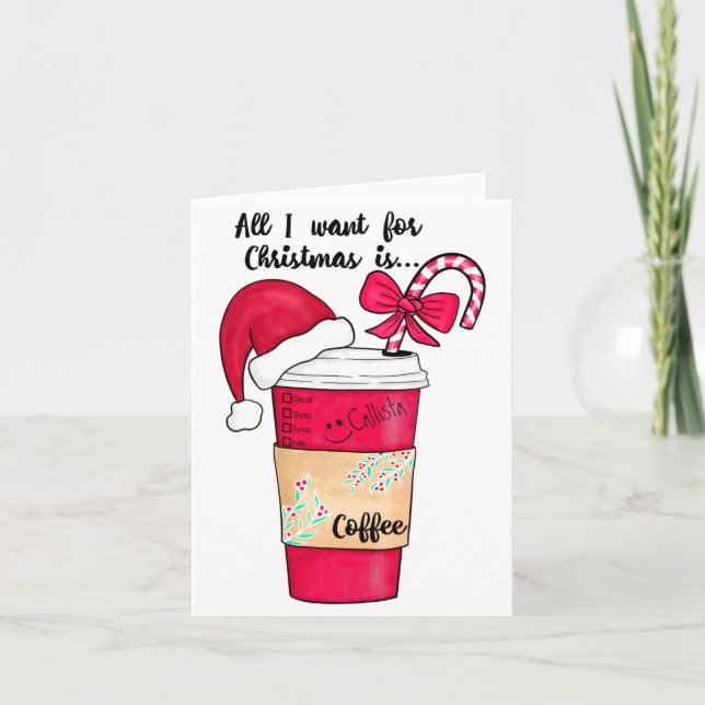 Tarjeta Cute Red Santa Hat Coffee Candy Cane Christmas  (Anverso)
