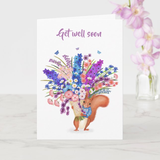 Tarjeta Cute red squirrel with flowers Get Well card (Orquídea)