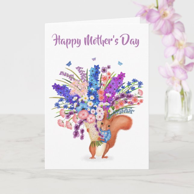 Tarjeta Cute red squirrel with flowers Mother's Day card (Orquídea)