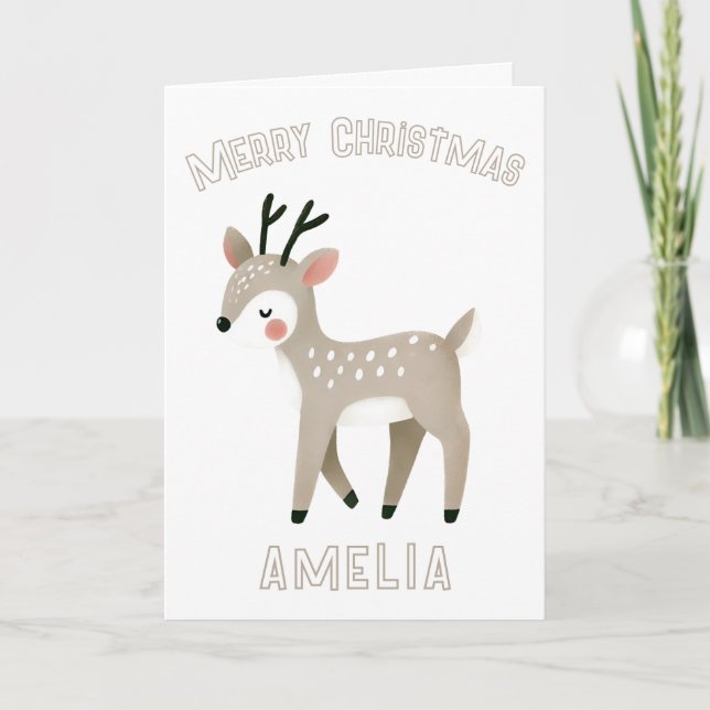 Tarjeta Cute Reindeer Kid`s Name Merry Christmas Holiday (Anverso)