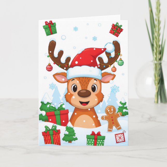 Tarjeta Cute Reindeer Merry Christmas Kids Holiday Card (Anverso)