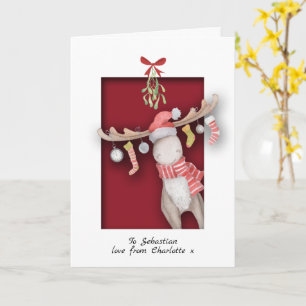 Tarjeta Cute Reno de Navidad con Muérdago
