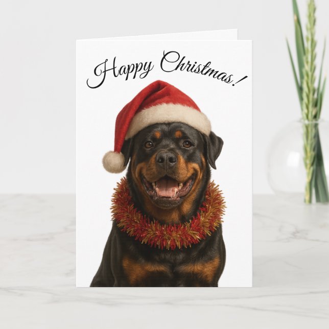 Tarjeta Cute Rottweiler in a Santa hat Christmas card (Anverso)