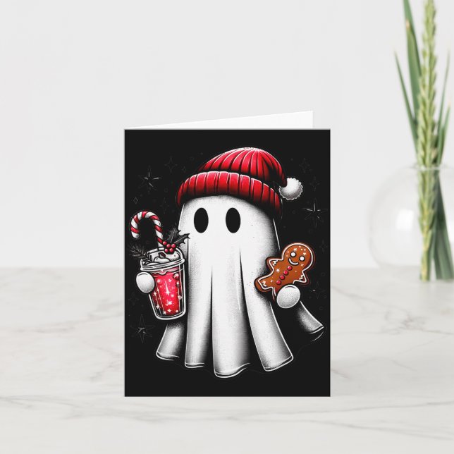 Tarjeta Cute Santa Ghost Drinking Coffee Ice Coffee Christ (Anverso)