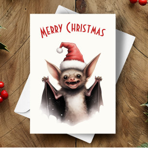 Tarjeta Cute Scary Bat Santa Hat Red Poinsettia Navidades