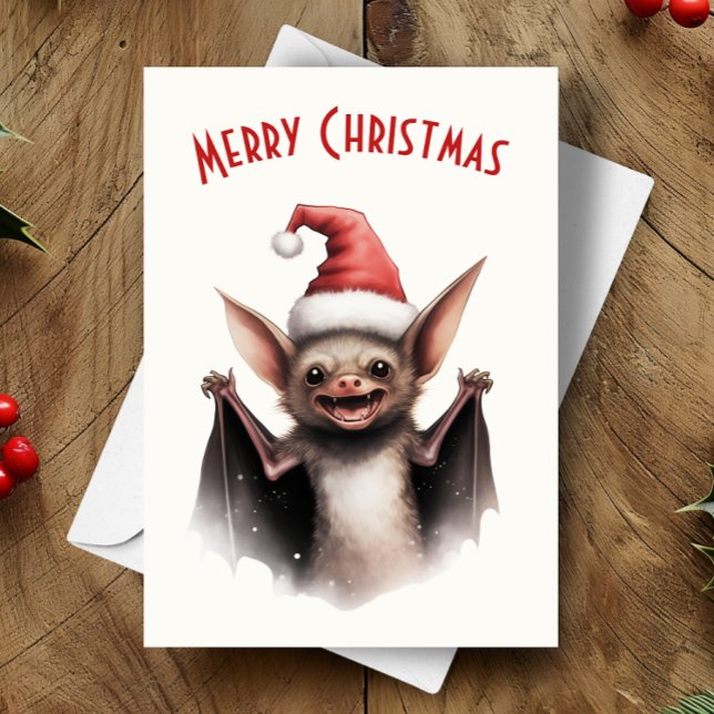 Tarjeta Cute Scary Bat Santa Hat Red Poinsettia Navidades (Subido por el creador)