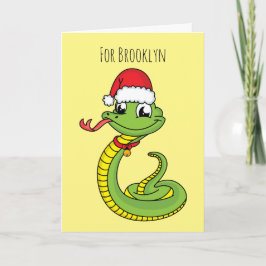 Tarjeta Cute serpiente verde con sombrero de santa caricat