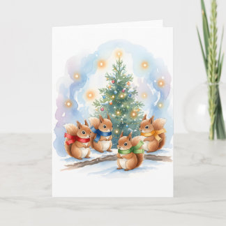 Tarjeta Cute Singing Woodland Squirrels Watercolor Holiday