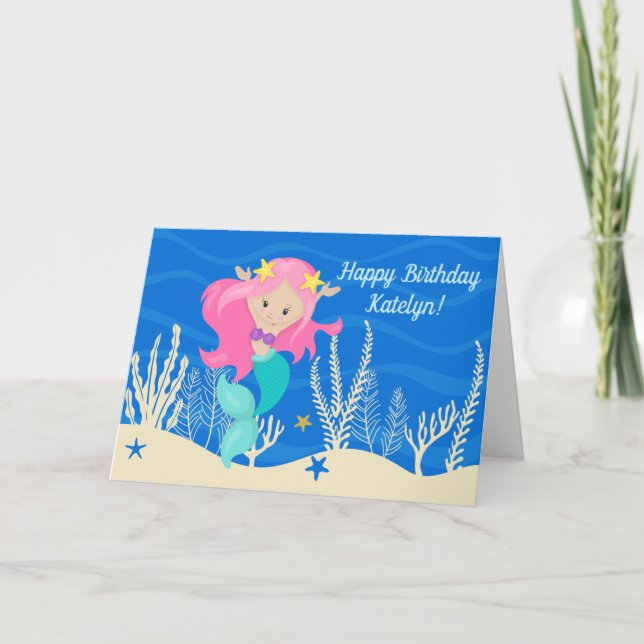 Tarjeta Cute Sirena Feliz Cumpleaños Personalizado Niños A (Anverso)