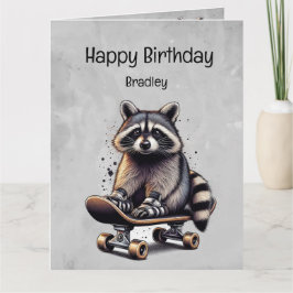 Tarjeta Cute Skateboarding Raccoon Fun Animal Cumpleaños
