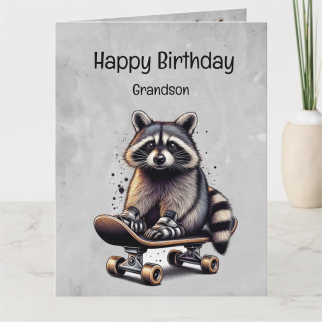 Tarjeta Cute Skateboarding Raccoon Grandson Cumpleaños (Anverso)